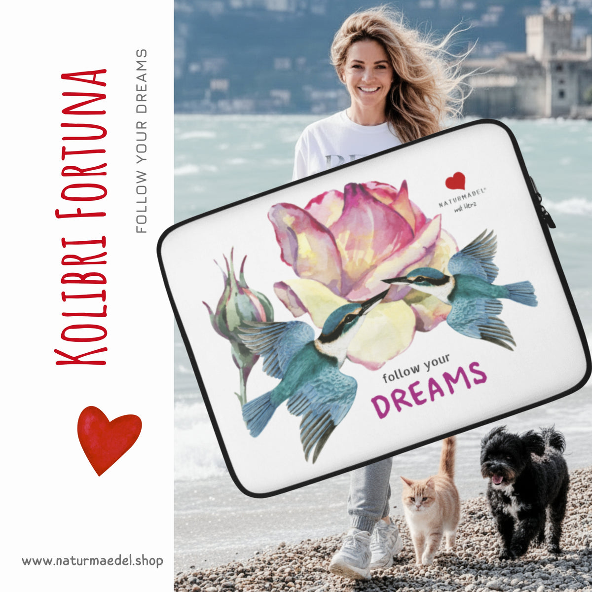 NATURMAEDEL® FOLLOW YOUR DREAMS - LAPTOP SLEEVE, HÜLLE - EXCLUSIVEN NATURMÄDEL® DESIGN KOLIBRI FORTUNA - 100% NEOPREN- gefüttert, wasserabweisend, leicht -  VARIANTEN 13“ U. 15“ ZOLL - DESIGN Verena u. Janina Boehler by VerJa.ME®  -  1.4 - www.naturmaedel.shop -  