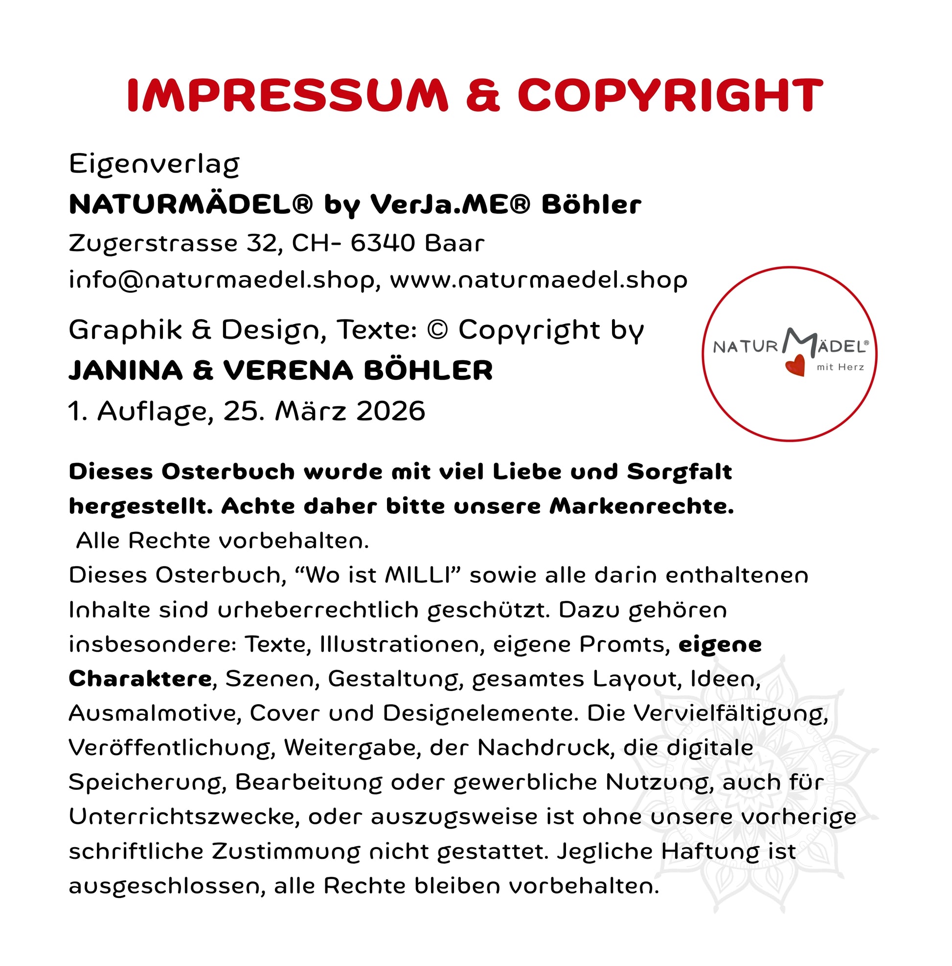 NATURMAEDEL® GANZ BESONDERES FRUEHLINGS-, OSTER- BILDER- U. VORLESEBUCH AB 3 - 99 JAHREN. XXL 94 SEITEN EDEL PREMIUM SEIDENMATT BESCHICHTUNG, HARDCOVER VERSION. 28X28 CM . NATURMAEDEL HERZENSKINDER COLLECTION - DESIGN BY VERENA U. JANINA BOEHLER 1.16 - www.naturmaedel.shop - 