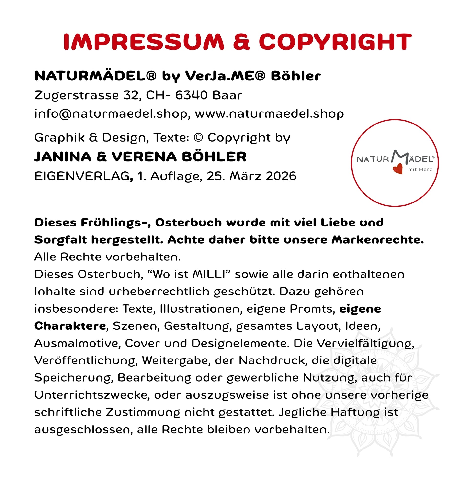 NATURMAEDEL® GANZ BESONDERES FRUEHLINGS-, OSTER- BILDER- U. VORLESEBUCH AB 3 - 99 JAHREN. XXL 94 SEITEN EDEL PREMIUM SEIDENMATT BESCHICHTUNG, SOFTCOVER VERSION. 20x20 cm, 8x8“ Zoll . NATURMAEDEL HERZENSKINDER COLLECTION - DESIGN BY VERENA U. JANINA BOEHLER 1.12 - www.naturmaedel.shop -  