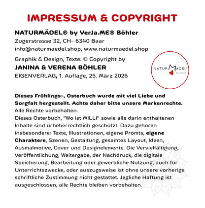 NATURMAEDEL® GANZ BESONDERES FRUEHLINGS-, OSTER- BILDER- U. VORLESEBUCH AB 3 - 99 JAHREN. XXL 94 SEITEN EDEL PREMIUM SEIDENMATT BESCHICHTUNG, SOFTCOVER VERSION. 20x20 cm, 8x8“ Zoll . NATURMAEDEL HERZENSKINDER COLLECTION - DESIGN BY VERENA U. JANINA BOEHLER 1.12 - www.naturmaedel.shop -  