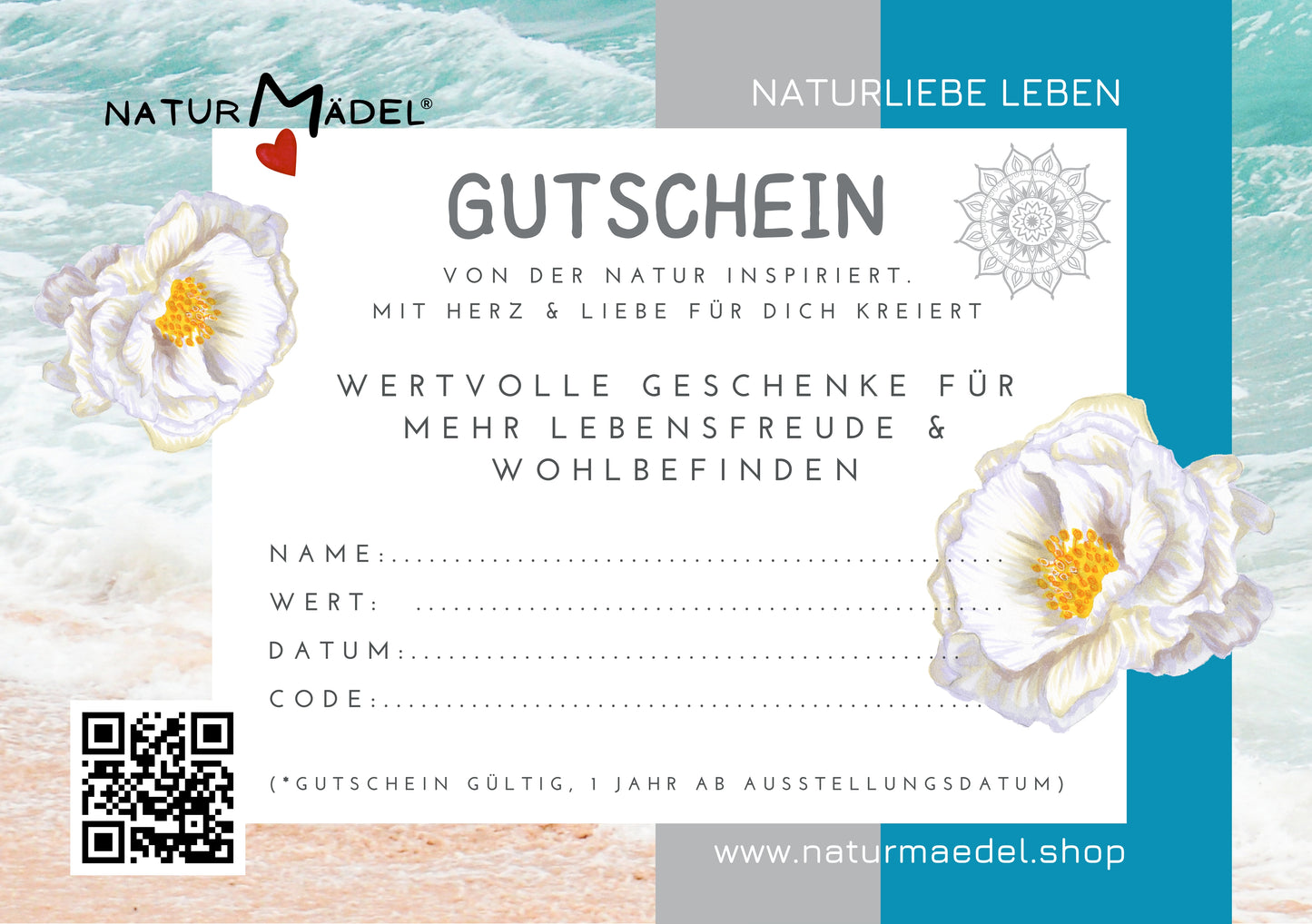 NATURMAEDEL® GESCHENK-GUTSCHEIN - SEITE 2 RUECKSEITE -  FUER MEHR LEBENSFREUDE UND WOHLBEFINDEN -  VON DER NATUR INSPIRIERT - MIT HERZ UND LIEBE FUER DICH KREIERT- 50 - 200 Euro - DESIGNED Verena u. Janina Boehler by VerJa.ME® - 1.1 - www.naturmaedel.shop - 