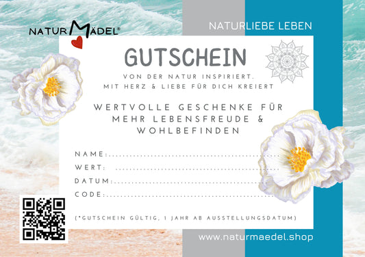 NATURMAEDEL® GESCHENK-GUTSCHEIN - SEITE 2 RUECKSEITE -  FUER MEHR LEBENSFREUDE UND WOHLBEFINDEN -  VON DER NATUR INSPIRIERT - MIT HERZ UND LIEBE FUER DICH KREIERT- 50 - 200 Euro - DESIGNED Verena u. Janina Boehler by VerJa.ME® - 1.1 - www.naturmaedel.shop - 