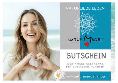 NATURMAEDEL® GESCHENK-GUTSCHEIN - TITEL SEITE 1 -   FUER MEHR LEBENSFREUDE UND WOHLBEFINDEN -  VON DER NATUR INSPIRIERT - MIT HERZ UND LIEBE FUER DICH KREIERT- 50 - 200 Euro - DESIGNED Verena u. Janina Boehler by VerJa.ME® - 1.O - www.naturmaedel.shop -  