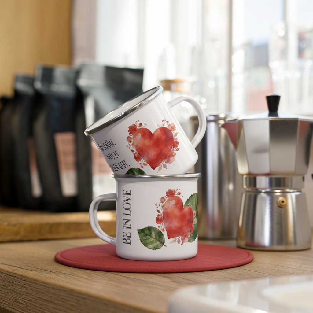 NATURMAEDEL® HERZENSGESCHENKE. EXCLUSIVE DESIGNER EMAILLE-TASSE „BE IN LOVE“. EDLES NATURMAEDEL® CREATIV  DESIGN - SCHRIFTZUG SO SCHOEN, DASS ES DICH GIBT - DESIGNED VERENA U. JANINA  BY VERJA.ME® - 1.6 - www.naturmaedel.shop - 