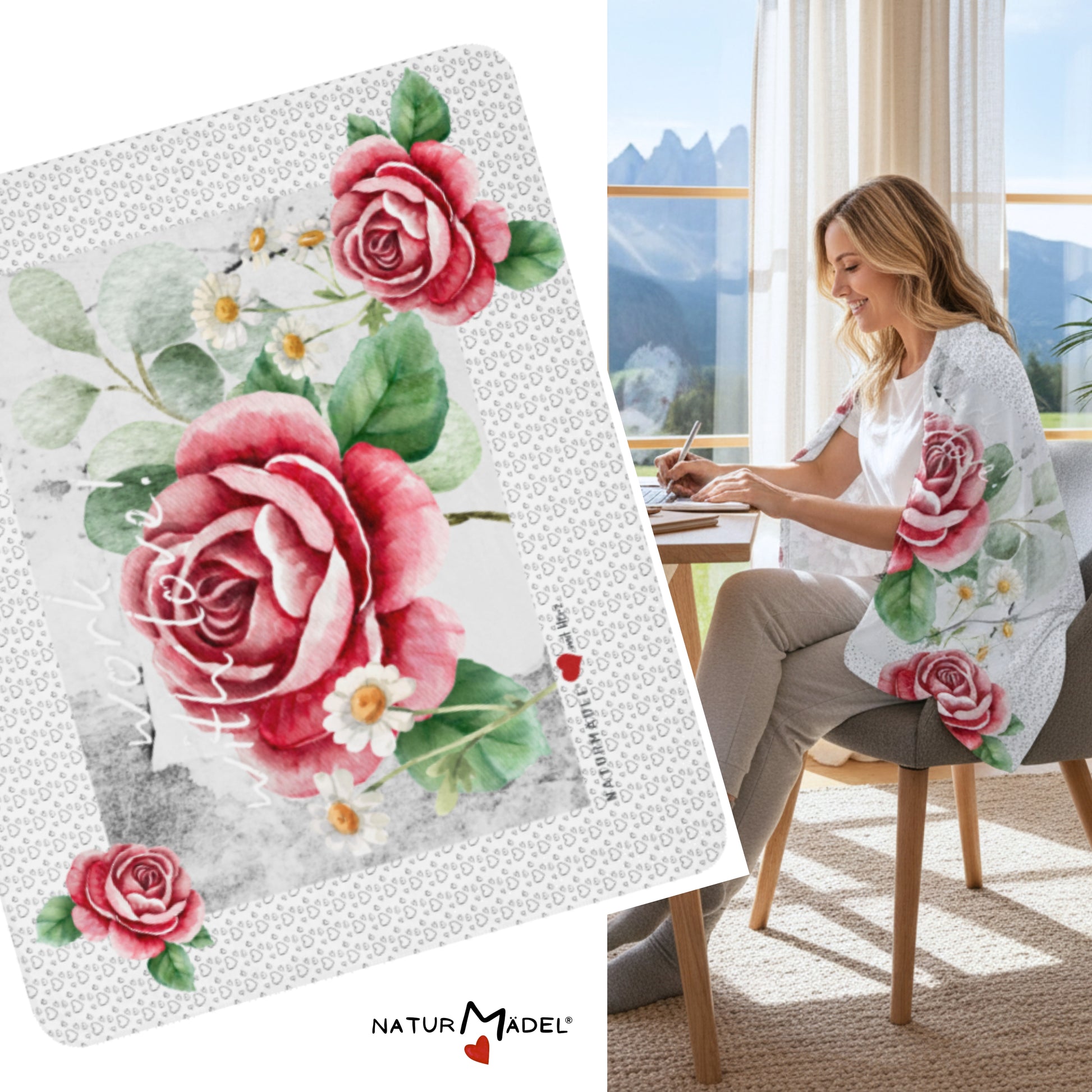 NATURMAEDEL® LIMITED EDITION CREATIV DESIGN - WORK WITH LOVE - KUSCHELWEICHE  SHERPA DECKE MIT EDLEM NATURMAEDEL DRUCKDESIGN - AQUARELL ROSEN DESIGN UND SILBER HERZEN - DESIGNED BY VERENA U. JANINA BOEHLER - 1.1 - www.naturmaedel.shop - 