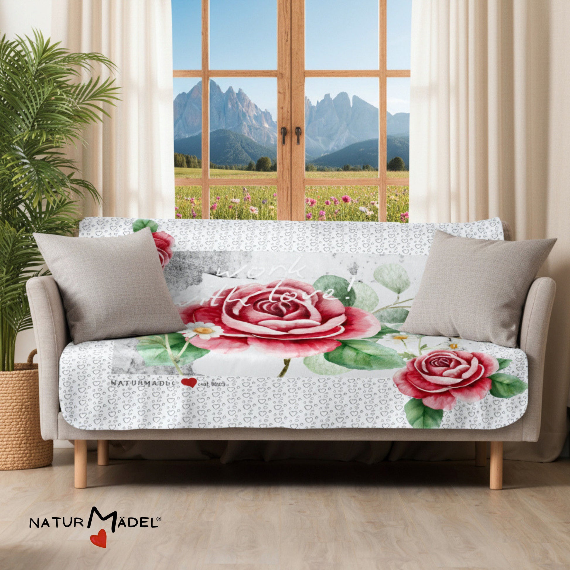 NATURMAEDEL® LIMITED EDITION CREATIV DESIGN - WORK WITH LOVE - KUSCHELWEICHE  SHERPA DECKE MIT EDLEM NATURMAEDEL DRUCKDESIGN - AQUARELL ROSEN DESIGN UND SILBER HERZEN - DESIGNED BY VERENA U. JANINA BOEHLER - 1.3 - www.naturmaedel.shop - 
