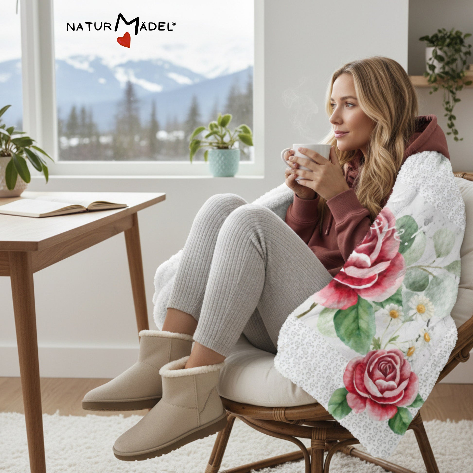 NATURMAEDEL® LIMITED EDITION CREATIV DESIGN - WORK WITH LOVE - KUSCHELWEICHE  SHERPA DECKE MIT EDLEM NATURMAEDEL DRUCKDESIGN - AQUARELL ROSEN DESIGN UND SILBER HERZEN - DESIGNED BY VERENA U. JANINA BOEHLER - 1.7 - www.naturmaedel.shop - 
