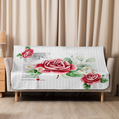 NATURMAEDEL® LIMITED EDITION CREATIV DESIGN - WORK WITH LOVE - KUSCHELWEICHE  SHERPA DECKE MIT EDLEM DRUCKDESIGN - AQUARELL ROSEN DESIGN UND SILBER HERZEN - www.naturmaedel.shop - 