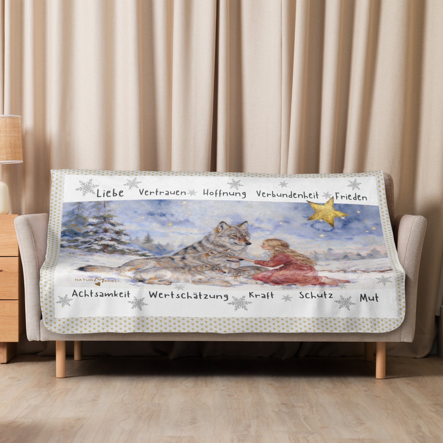 NATURMAEDEL® NEUJAHRSWUENSCHE 2026. LIMITED EDITION. EXCLUSIVE SHERPA DECKE, MIT EINZIGARTIGEM NATURMAEDEL® NEUES JAHR 2026, KRAFTTIER WOLF DESIGN. LIEBEVOLLER DESIGNERDRUCK. DESIGN VERENA U. JANINA by VerJa.ME® -  1.7 - www.naturmaedel.shop -  