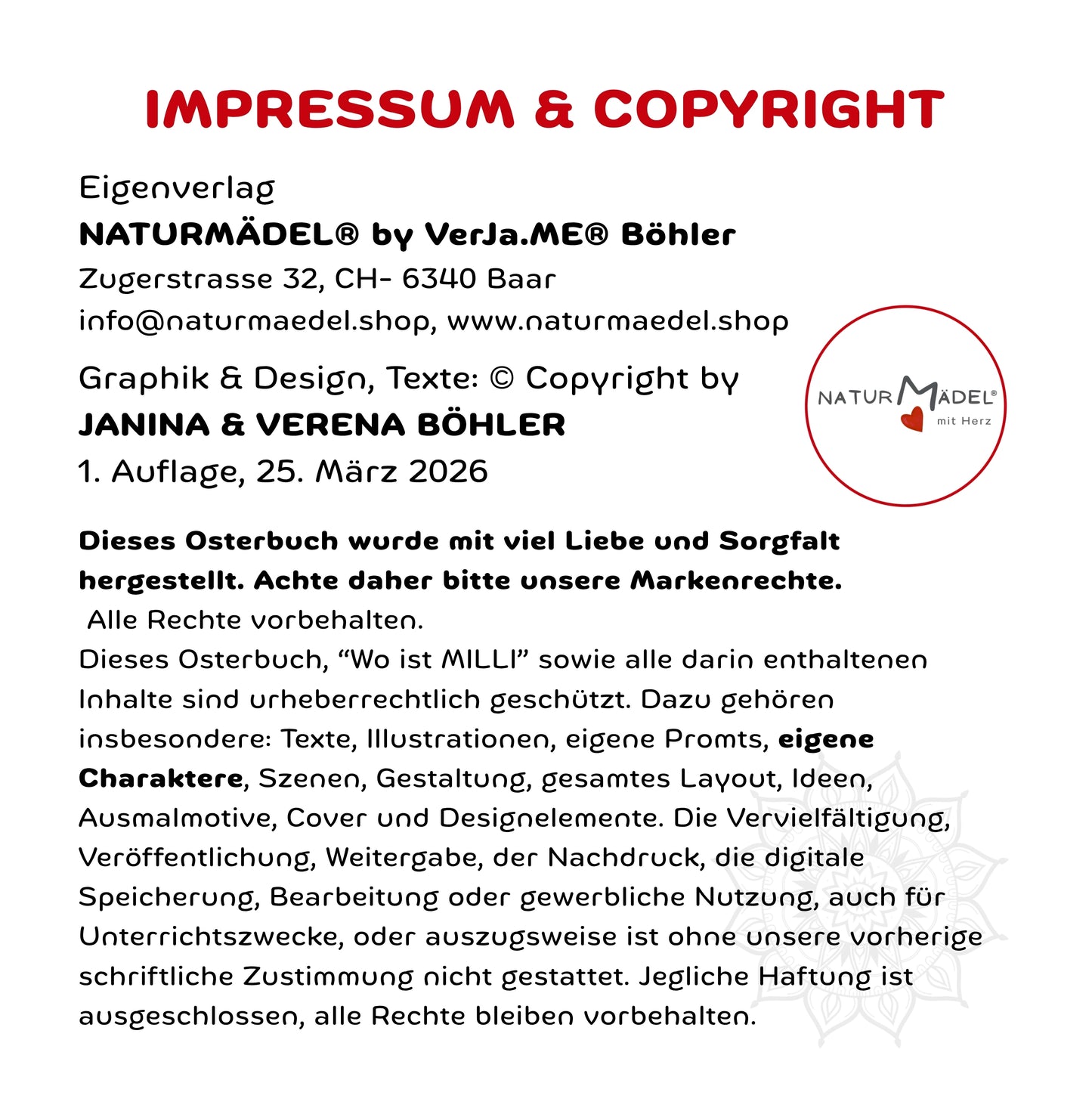 NATURMAEDEL® PREMIUM HARDCOVER FRUEHLINGS-, OSTER- BILDER- U. VORLESEBUCH AB 3 - 99 JAHREN.  94 SEITEN EDELE SEIDENMATT BESCHICHTUNG, HARDCOVER VERSION. 20x20 cm - 8x8“ ZOLL -  NATURMAEDEL HERZENSKINDER COLLECTION - DESIGN BY VERENA U. JANINA BOEHLER  - 1.28 - www.naturmaedel.shop  
