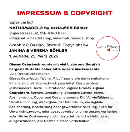 NATURMAEDEL® PREMIUM HARDCOVER FRUEHLINGS-, OSTER- BILDER- U. VORLESEBUCH AB 3 - 99 JAHREN.  94 SEITEN EDELE SEIDENMATT BESCHICHTUNG, HARDCOVER VERSION. 20x20 cm - 8x8“ ZOLL -  NATURMAEDEL HERZENSKINDER COLLECTION - DESIGN BY VERENA U. JANINA BOEHLER  - 1.28 - www.naturmaedel.shop  