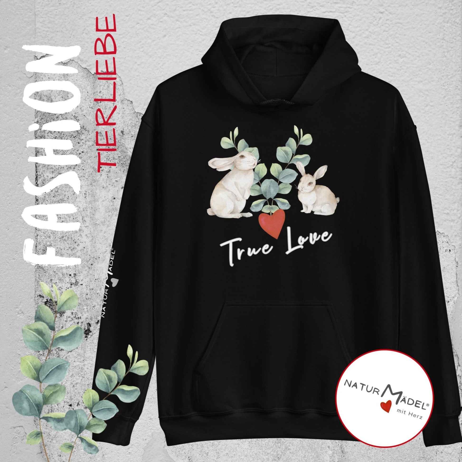 NATURMAEDEL® PREMIUM UNISEX HOODIE MIT EINZIGARTIGEM NATURMAEDEL® TIERLIEBE DESIGN - BLACK- FRÜHLING- SOMMER - DESIGN VERENA U. JANINA BOEHLER -  1.10- www.naturmaedel.shop -  