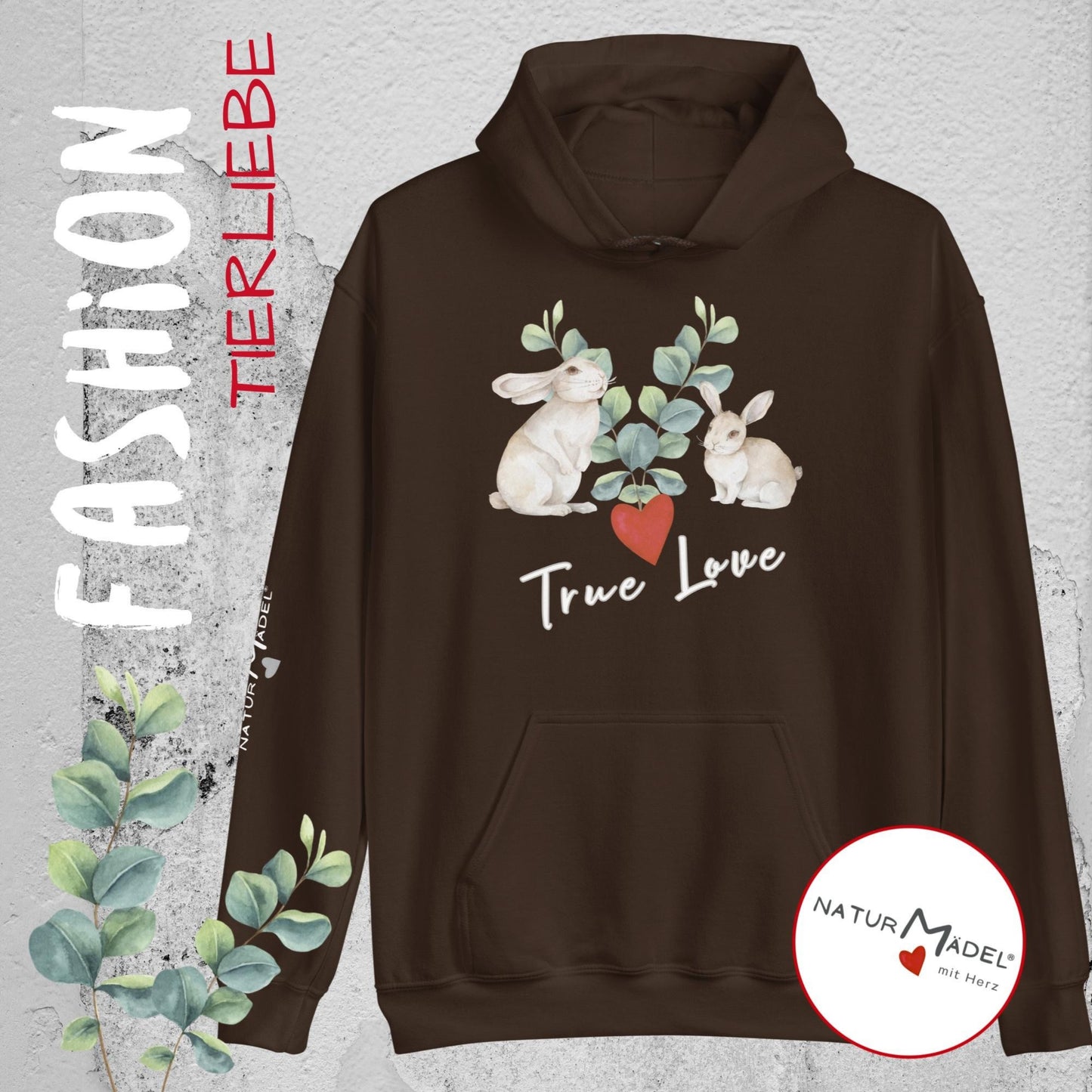 NATURMAEDEL® PREMIUM UNISEX HOODIE MIT EINZIGARTIGEM NATURMAEDEL® TIERLIEBE DESIGN - DARK CHOCOLAT- FRÜHLING- SOMMER - DESIGN VERENA U. JANINA BOEHLER -  1.3 - www.naturmaedel.shop -   