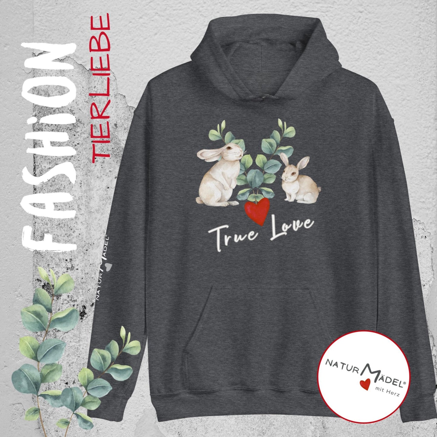 NATURMAEDEL® PREMIUM UNISEX HOODIE MIT EINZIGARTIGEM NATURMAEDEL® TIERLIEBE DESIGN - HEATHER GREY- FRÜHLING- SOMMER - DESIGN VERENA U. JANINA BOEHLER -  1.7 - www.naturmaedel.shop -  