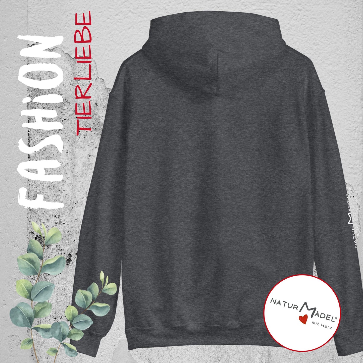 NATURMAEDEL® PREMIUM UNISEX HOODIE MIT EINZIGARTIGEM NATURMAEDEL® TIERLIEBE DESIGN - HEATHER GREY- RÜCKSEITE - FRÜHLING- SOMMER - DESIGN VERENA U. JANINA BOEHLER -  1.8 - www.naturmaedel.shop -   