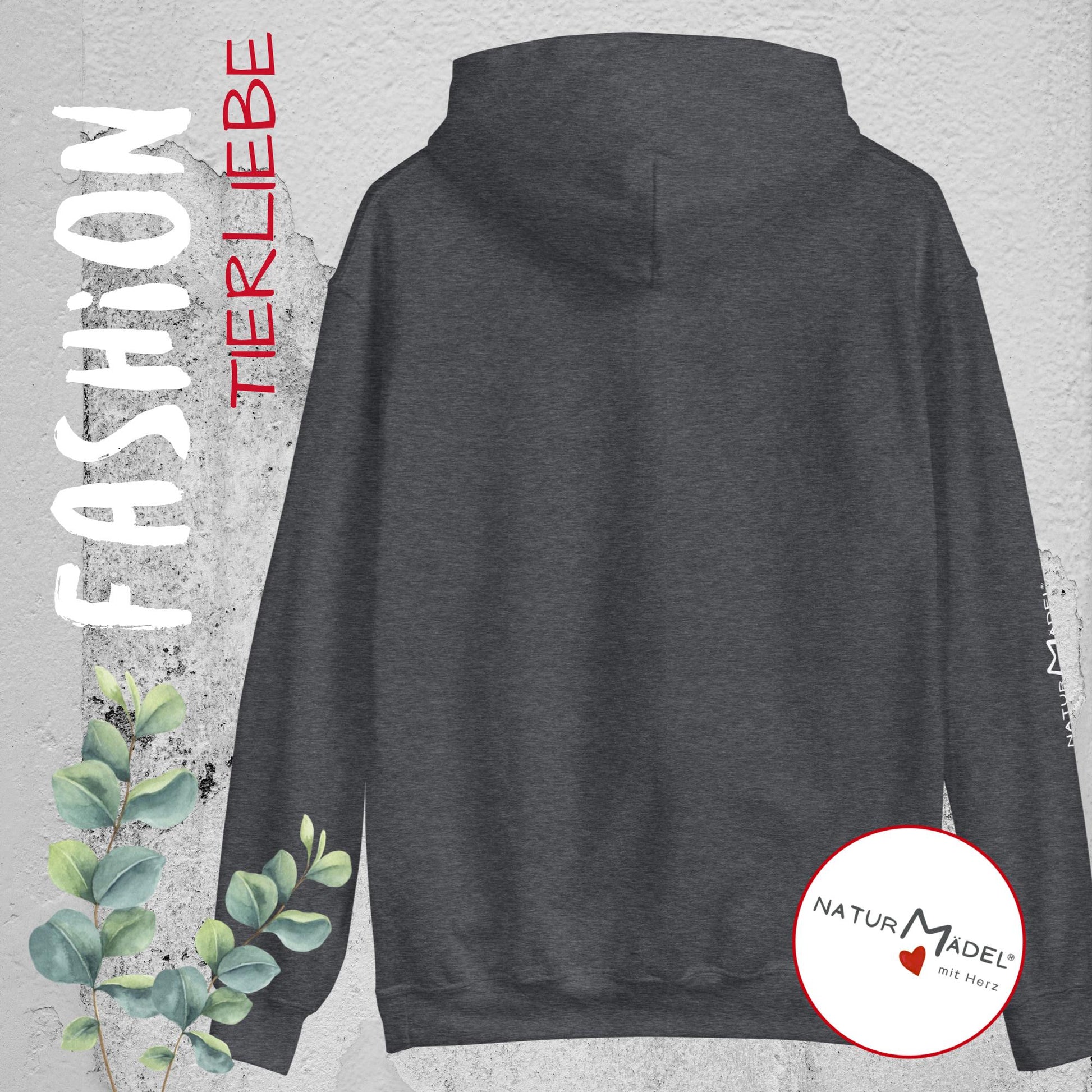 NATURMAEDEL® PREMIUM UNISEX HOODIE MIT EINZIGARTIGEM NATURMAEDEL® TIERLIEBE DESIGN - HEATHER GREY- RÜCKSEITE - FRÜHLING- SOMMER - DESIGN VERENA U. JANINA BOEHLER -  1.8 - www.naturmaedel.shop -   
