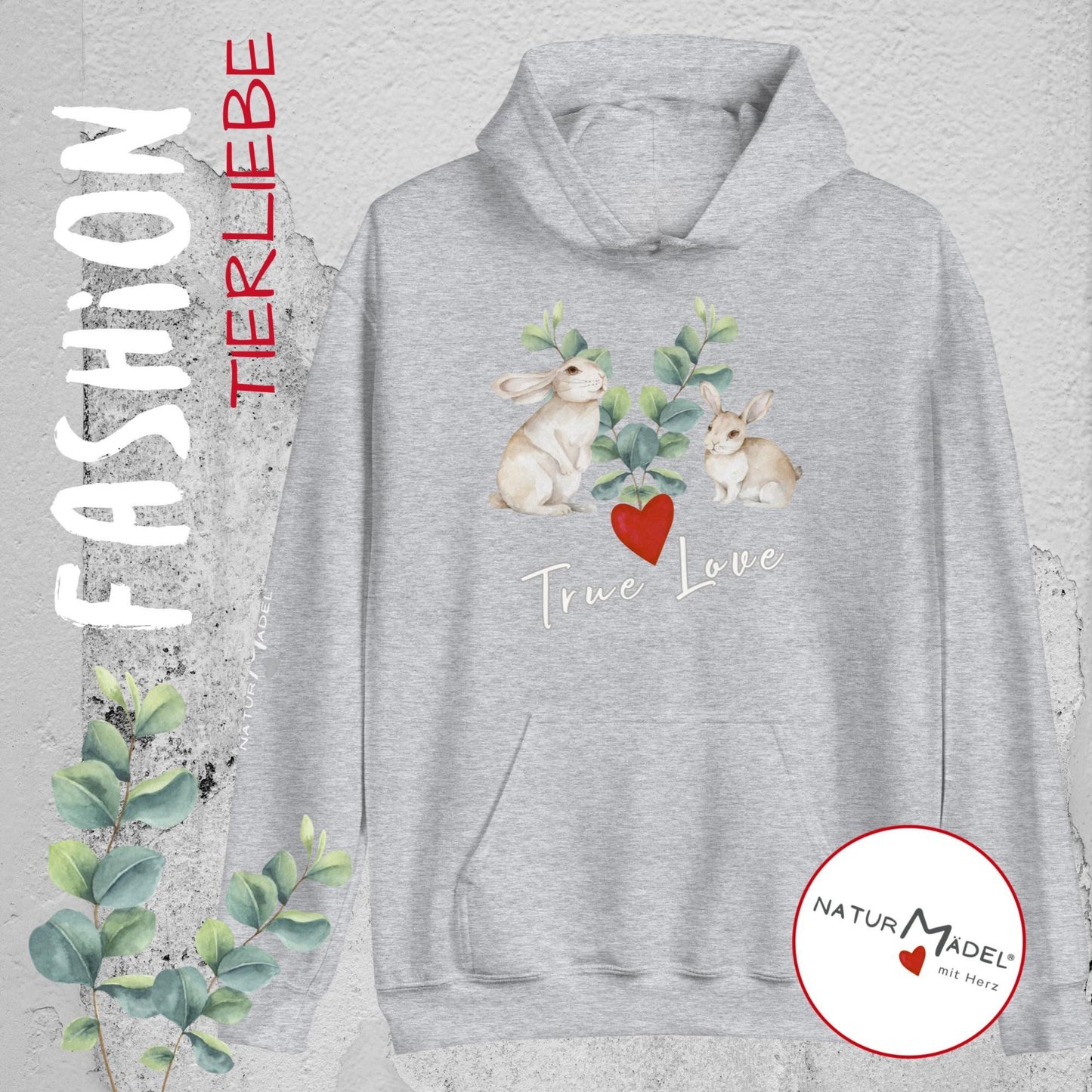 NATURMAEDEL® PREMIUM UNISEX HOODIE MIT EINZIGARTIGEM NATURMAEDEL® TIERLIEBE DESIGN - SPORT GREY- FRÜHLING- SOMMER - DESIGN VERENA U. JANINA BOEHLER -  1.5 - www.naturmaedel.shop -   