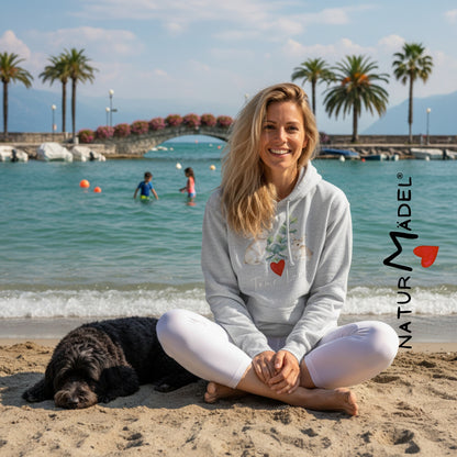 NATURMAEDEL® PREMIUM UNISEX HOODIE MIT EINZIGARTIGEM NATURMAEDEL® TIERLIEBE DESIGN - SPORT GREY - FRÜHLING- SOMMER - PESCHIERA  - AIMEE — DESIGN VERENA U. JANINA BOEHLER -  1.4 - www.naturmaedel.shop -  