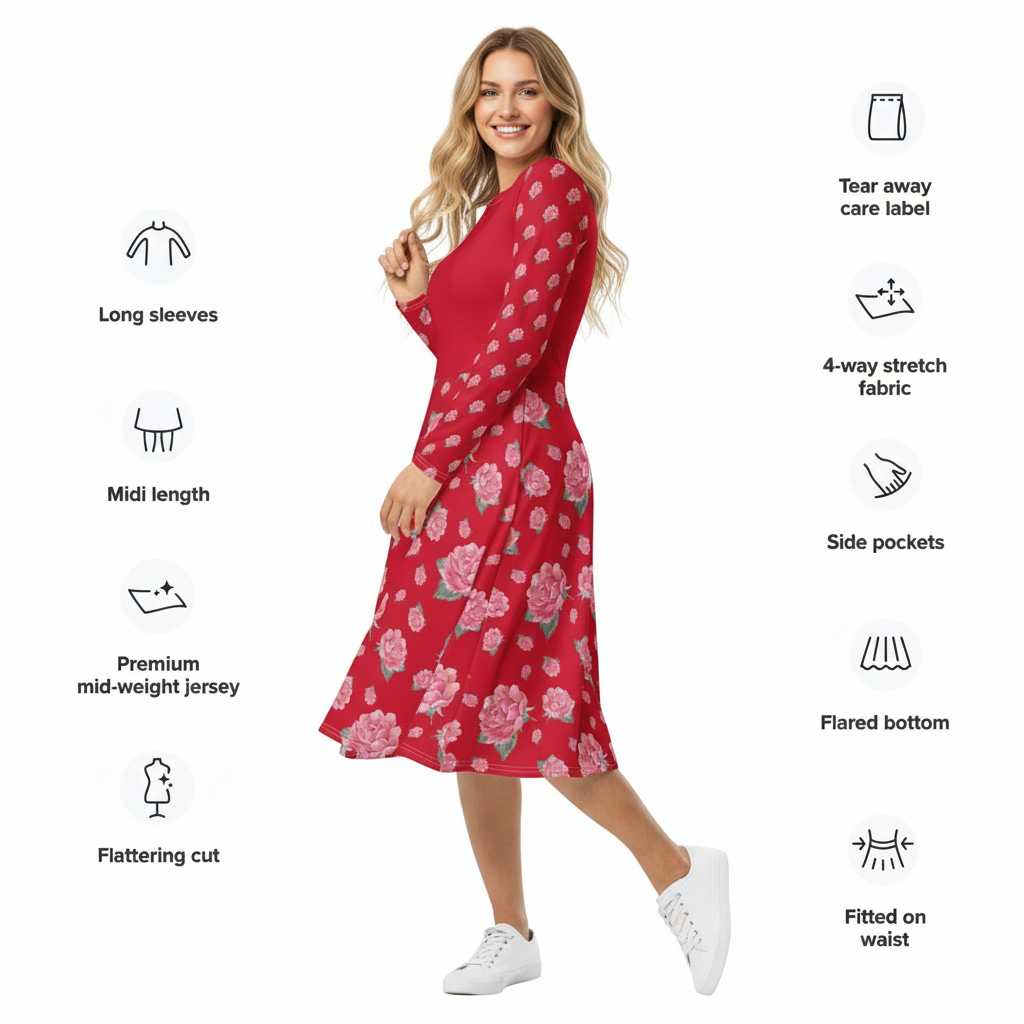 NATURMAEDEL® ROSE IN LOVE EXCLUSIV CREATIV DESIGN - ROMANTISCHES, LANGÄRMLIGES JERSEY MIDIKLEID - ROT MIT PINKROSA AQUARELL ROSEN - MATERIAL - DESIGNED VERENA by VerJa.ME® - www.naturmaedel.shop -