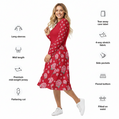 NATURMAEDEL® ROSE IN LOVE EXCLUSIV CREATIV DESIGN - ROMANTISCHES, LANGÄRMLIGES JERSEY MIDIKLEID - ROT MIT PINKROSA AQUARELL ROSEN - MATERIAL - DESIGNED VERENA by VerJa.ME® - www.naturmaedel.shop -