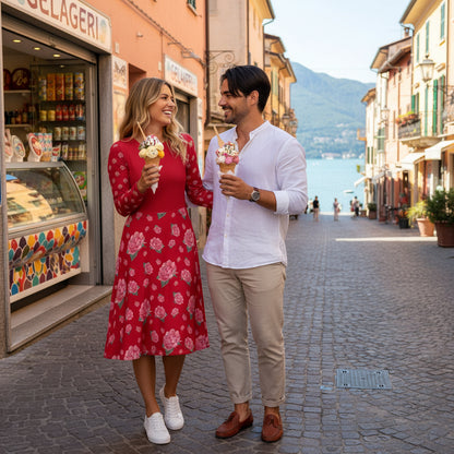 NATURMAEDEL® ROSE IN LOVE EXCLUSIV CREATIV DESIGN - WUNDERSCHÖNES, ROMANTISCHES, LANGÄRMLIGES JERSEY MIDIKLEID - ROT MIT PINKROSA AQUARELL ROSEN - DESIGNED VERENA U. JANINA by VerJa.ME® - GARDASEE EISESSEN MIT FREUNDEN - www.naturmaedel.shop -