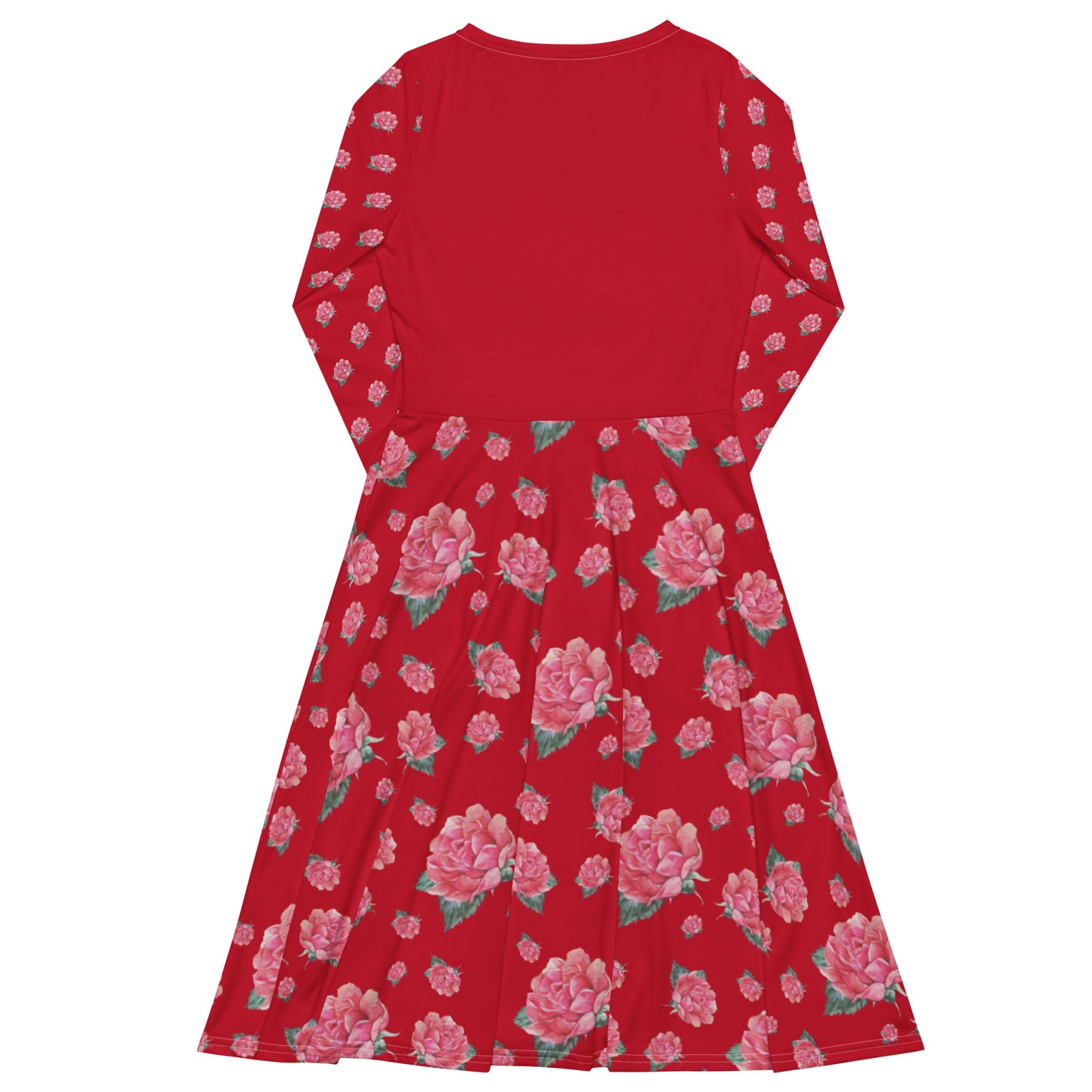 NATURMAEDEL® ROSE IN LOVE EXCLUSIV CREATIV DESIGN - WUNDERSCHÖNES, ROMANTISCHES, LANGÄRMLIGES JERSEY MIDIKLEID - ROT MIT PINKROSA AQUARELL ROSEN - DESIGNED VERENA U. JANINA by VerJa.ME® - RUECKSEITE - www.naturmaedel.shop -