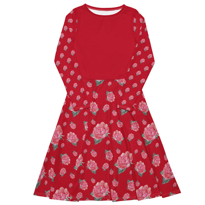 NATURMAEDEL® ROSE IN LOVE EXCLUSIV CREATIV DESIGN - WUNDERSCHÖNES, ROMANTISCHES, LANGÄRMLIGES JERSEY MIDIKLEID - ROT MIT PINKROSA AQUARELL ROSEN - DESIGNED VERENA U. JANINA by VerJa.ME® - VORDERSEITE - www.naturmaedel.shop -