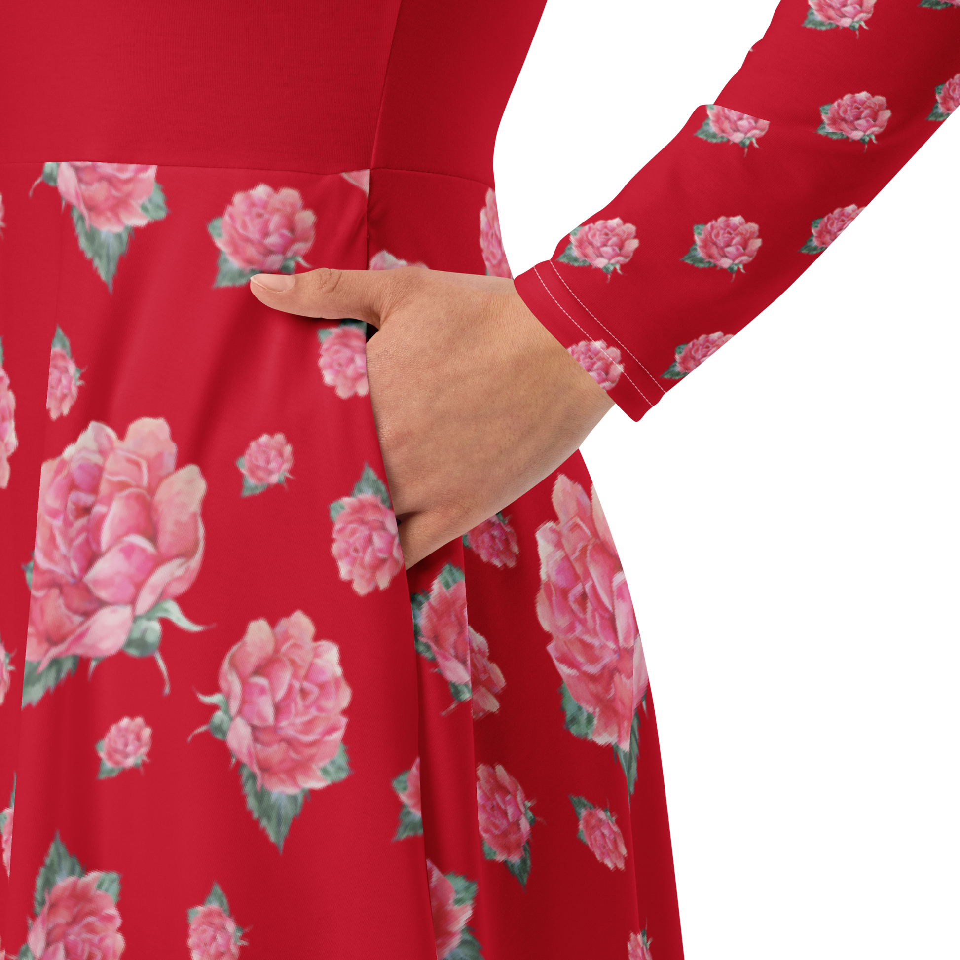 NATURMAEDEL® ROSE IN LOVE EXCLUSIV CREATIV DESIGN - WUNDERSCHÖNES, ROMANTISCHES, LANGÄRMLIGES JERSEY MIDIKLEID - ROT MIT PINKROSA AQUARELL ROSEN - SEITENTASCHEN VERDECKT LINKS- DESIGNED VERENA U. JANINA by VerJa.ME® - www.naturmaedel.shop -