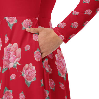 NATURMAEDEL® ROSE IN LOVE EXCLUSIV CREATIV DESIGN - WUNDERSCHÖNES, ROMANTISCHES, LANGÄRMLIGES JERSEY MIDIKLEID - ROT MIT PINKROSA AQUARELL ROSEN - SEITENTASCHEN VERDECKT LINKS- DESIGNED VERENA U. JANINA by VerJa.ME® - www.naturmaedel.shop -