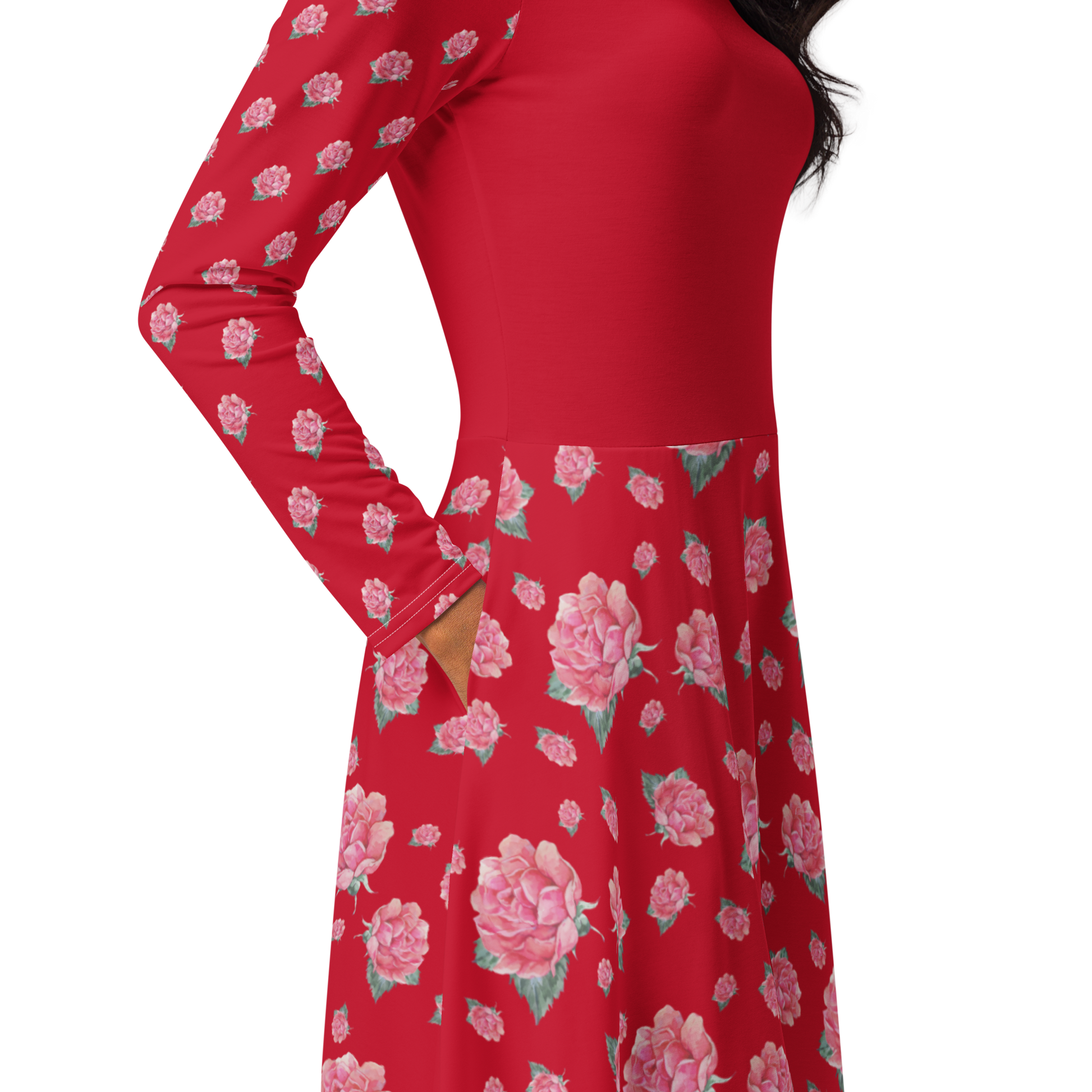 NATURMAEDEL® ROSE IN LOVE EXCLUSIV CREATIV DESIGN - WUNDERSCHÖNES, ROMANTISCHES, LANGÄRMLIGES JERSEY MIDIKLEID - ROT MIT PINKROSA AQUARELL ROSEN - SEITENTASCHEN VERDECKT RECHTS - DESIGNED VERENA U. JANINA by VerJa.ME® - www.naturmaedel.shop -