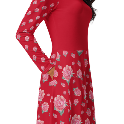 NATURMAEDEL® ROSE IN LOVE EXCLUSIV CREATIV DESIGN - WUNDERSCHÖNES, ROMANTISCHES, LANGÄRMLIGES JERSEY MIDIKLEID - ROT MIT PINKROSA AQUARELL ROSEN - SEITENTASCHEN VERDECKT RECHTS - DESIGNED VERENA U. JANINA by VerJa.ME® - www.naturmaedel.shop -