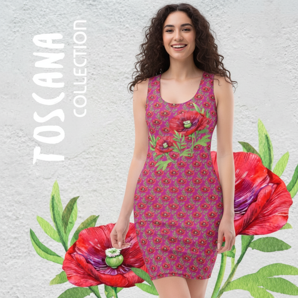 SOMMER FEELING PUR. ROMANTISCH VERSPIELTE ELEGANZ. BEQUEMES, KNITTERFREIES DESIGNER STRETCH MINIKLEID FÜR ALLE REISELUSTIGEN NATURMÄDEL`S – MIT EXCLUSIVEM NATURMÄDEL® TOSCANA DESIGN UND WUNDERSCHÖNEN LIEBEVOLL GESTALTETEN AQUARELL MOHNBLUMEN _ NATURMAEDEL CIARA - www.naturmaedel.shop - 