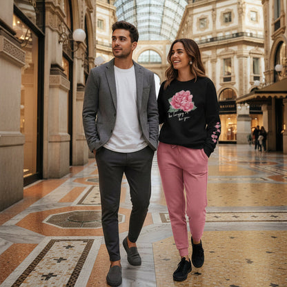 NATURMAEDEL® STYLISCHER RAGLAN DAMEN PULLOVER AUS REINER BIO BAUMWOLLE. IN BEQUEMER LOUNGEWEAR AUSFUEHRUNG. PREMIUM QUALITÄT FUER SENSIBLE HAUT. EXCLUSIV NATURMAEDEL® ROSE  IN LOVE AQUARELL. DESIGN VERENA U. JANINA by VerJa.ME® - MILANO CITY - 1.2 - www.naturmaedel.shop -    