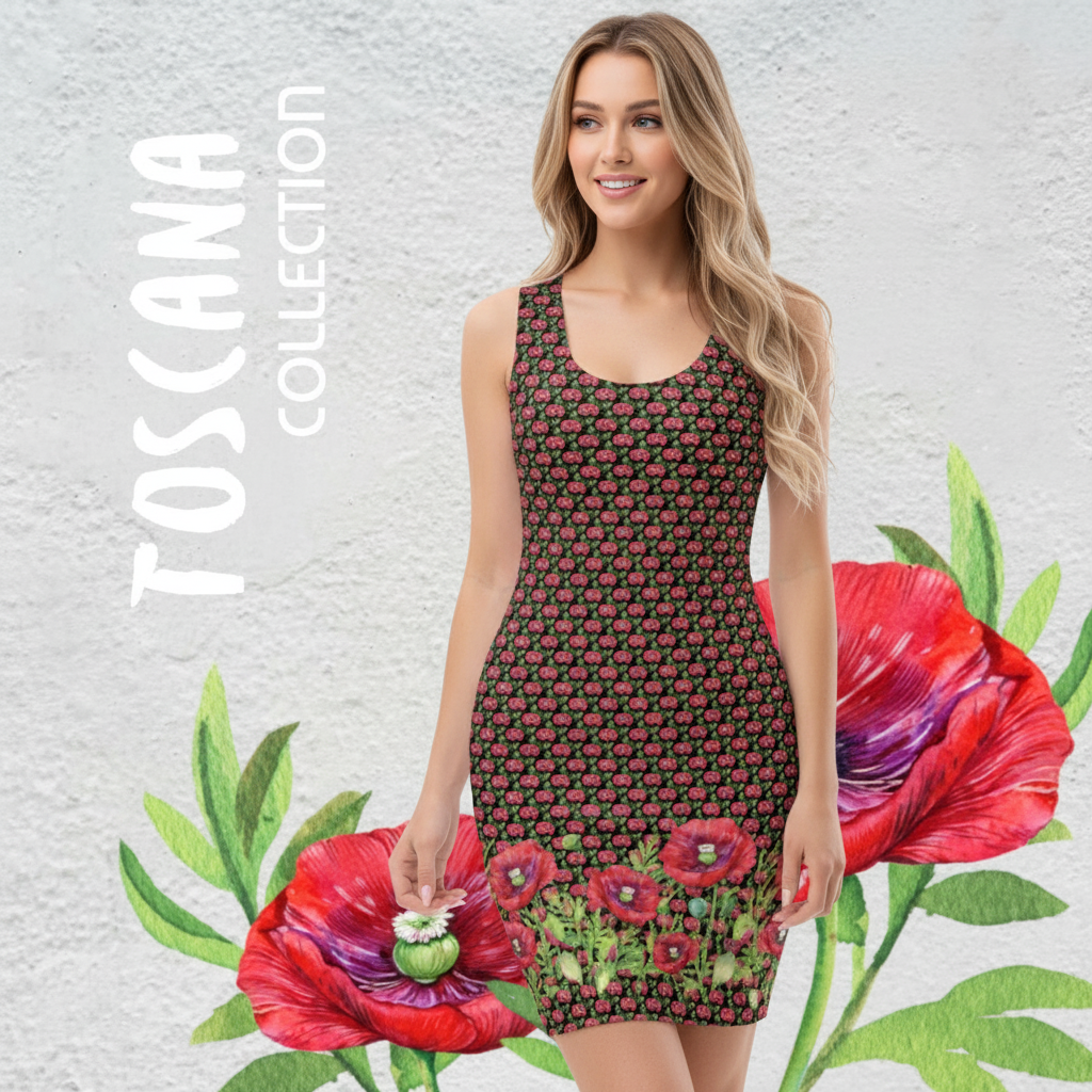 NATURMAEDEL® TOSCANA DESIGN - MOHNBLUMEN - STRETCHMINIKLEID - SCHWARZ MIT ROTEN MOHNBLUMEN - NATURMÄDEL JANINA - TOSCANA COLLECTION  - ITALIEN - www.naturmaedel.com -