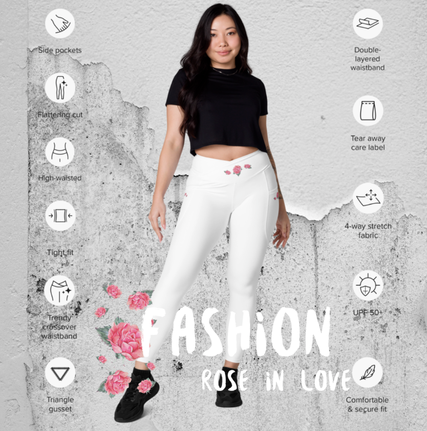 WUNDERSCHÖN, FIGURBETONT, V-BUND CROSSOVER LEGGINGS. IDEALER BEGLEITER FÜR YOGA-, FITNESS- UND ALLE FREIZEITAKTIVITÄTEN.  VERZIERT MIT UNSEREM EINZIGARTIGEM NATURMÄDEL® ROSE IN LOVE DESINGN - www.naturmaedel.shop 