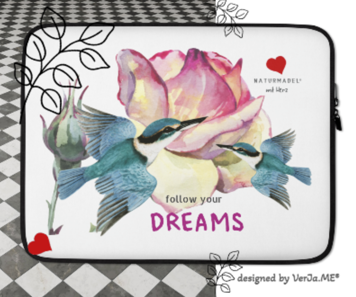 ELEGANTES STYLISCHES MACBOOK, LAPTOP SLEEVE IM EXCLUSIVEN NATURMÄDEL® DESIGN, PINK ROSE & KOLIBRI.  100% Neopren. Der optimale und zuverlässige Schutz für Unterwegs. 13 ZOLL. www.naturmaedel.com - NATURMÄDEL® HAPPY SPRING. 