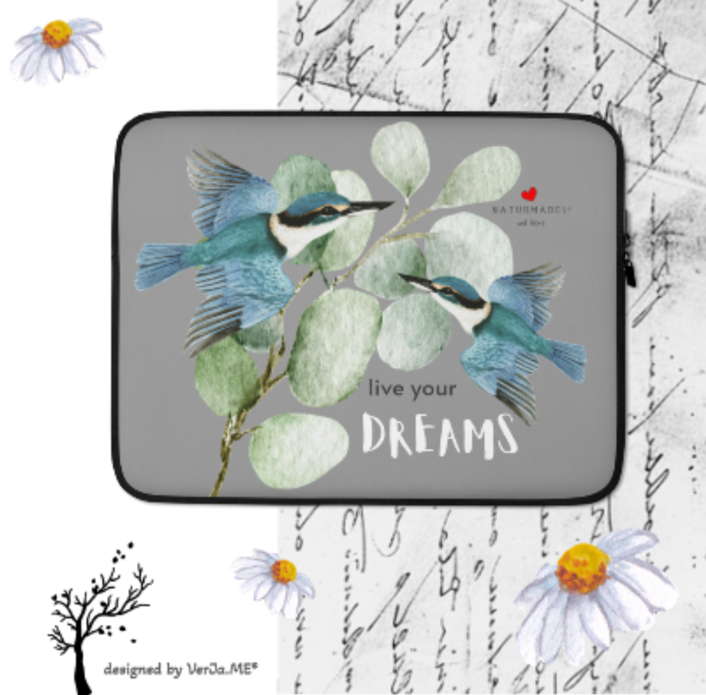 STYLISCHE MACBOOK-, LAPTOPTASCHE IM EXCLUSIVEN NATURMÄDEL® DESIGN, KOLIBRI FORTUNA.  100% Neopren. Der optimale und zuverlässige Schutz für Unterwegs. 13 ZOLL.- NATURMÄDEL® COLLECTION HAPPY SPRING - LIVE YOUR DREAMS - www.naturmaedel.com - 