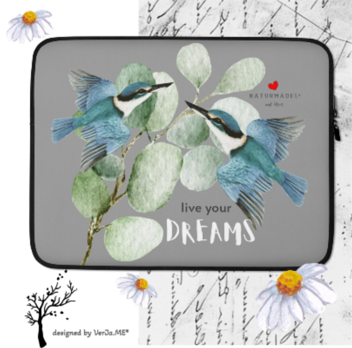 STYLISCHE MACBOOK-, LAPTOPTASCHE IM EXCLUSIVEN NATURMÄDEL® DESIGN, KOLIBRI FORTUNA.  100% Neopren. Der optimale und zuverlässige Schutz für Unterwegs. 15 ZOLL.- NATURMÄDEL® COLLECTION HAPPY SPRING - LIVE YOUR DREAMS - www.naturmaedel.com - 