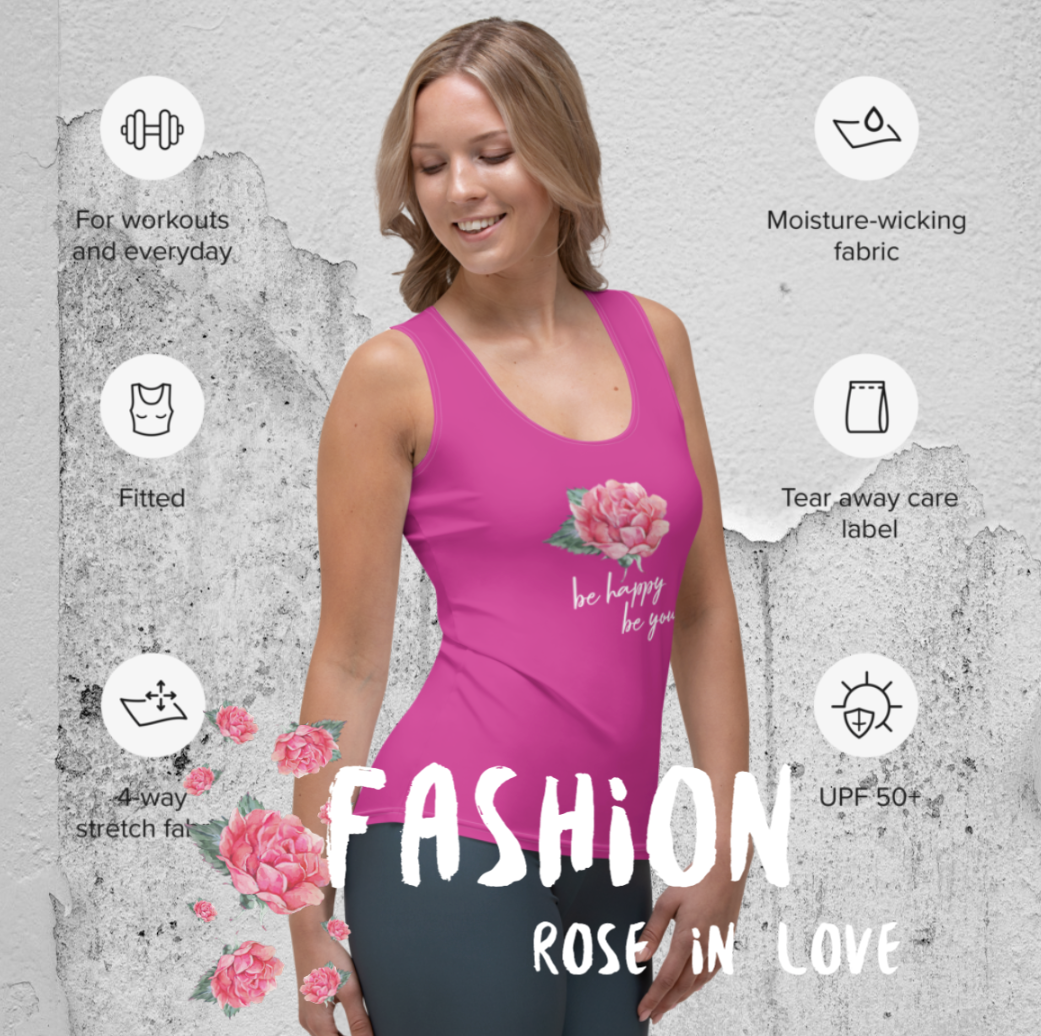SUPER STRETCH, FIGURBETONTES, DESIGNER YOGA UND FITNESS TANK TOP. EXCLUSIVE FUNKTIONALITÄT UND BEQUEMLICHKEIT. DAS NATURMÄDEL® DESIGN ROSE IN LOVE, BE HAPPY BE YOU SORGEN FÜR LEBENSFREUDE PUR - www.naturmaedel.shop 