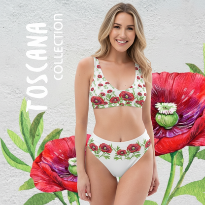 BADEMODENPERLEN. ROMANTISCH, VERSPIELTER, FIGURBETONTER HIGH WAIST BIKINI - EINZIGARTIGES NATURMÄDEL® TOSCANA DESIGN MIT AQUARELL MOHNBLUMEN - NATURMAEDEL JANINA - www.naturmaedel.shop