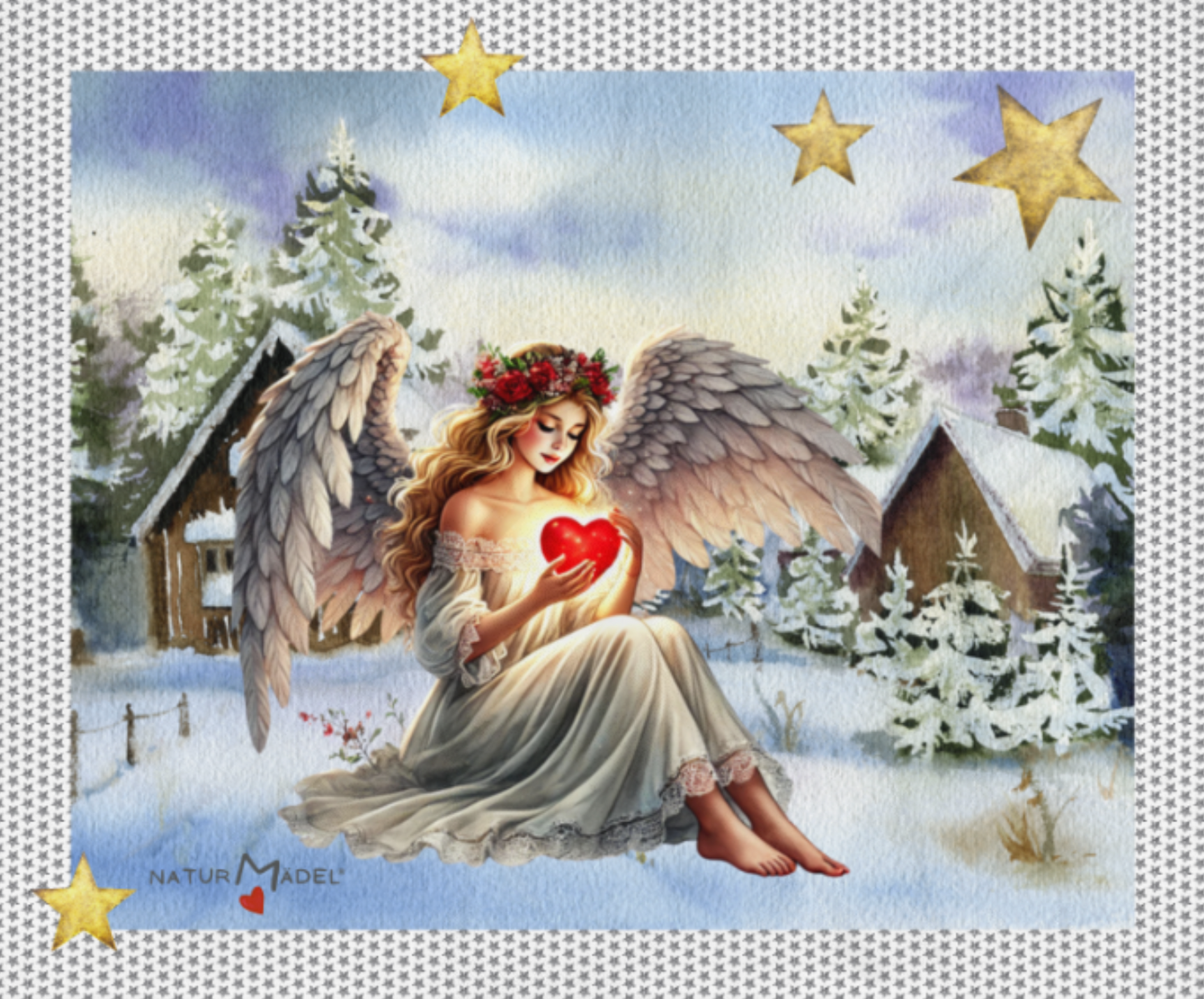 NATURMAEDEL_-WEIHNACHTSZAUBER-KUSCHELDECKE-TAGESDECKE-SCHUTZENGEL MIT HERZ-SILBERSTERNE-VORLAGE-WALDSCHNEEHUTETEN- WEIHNACHTSGESCHENKE - www.naturmaedel.shop_ 
