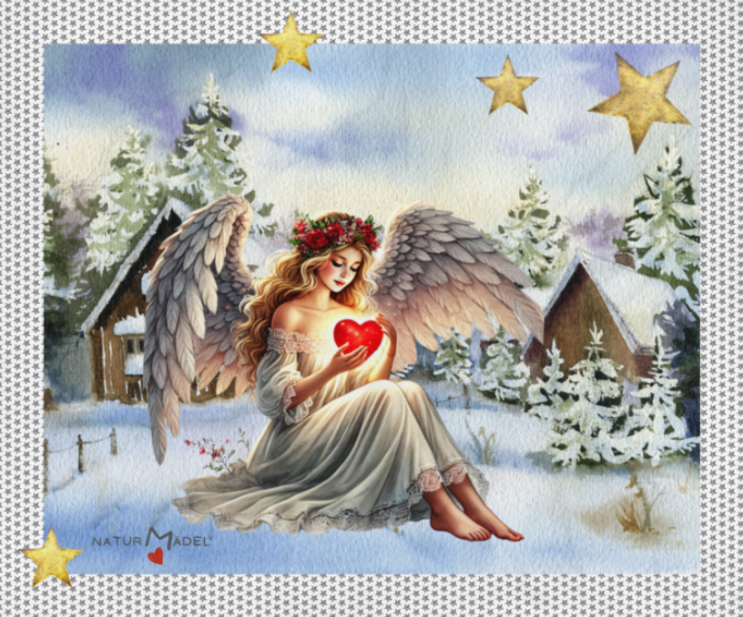 NATURMAEDEL_-WEIHNACHTSZAUBER-KUSCHELDECKE-TAGESDECKE-SCHUTZENGEL MIT HERZ-SILBERSTERNE-VORLAGE-WALDSCHNEEHUTETEN- WEIHNACHTSGESCHENKE - www.naturmaedel.shop_ 