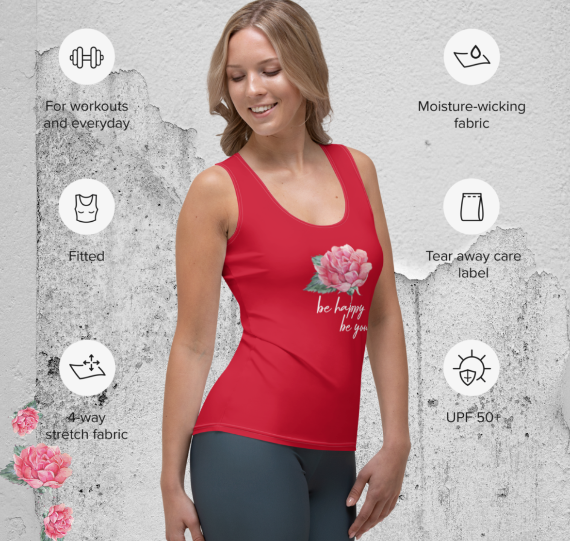 FIGURBETONTES, DESIGNER YOGA UND FITNESS TANK TOP –SUPER ELASTISCH, EXCLUSIVE FUNKTIONALITÄT UND BEQUEMLICHKEIT. DAS NATURMÄDEL® DESIGN ROSE IN LOVE, BE HAPPY BE YOU SORGEN FÜR LEBENSFREUDE PUR - www.naturmaedel.shop