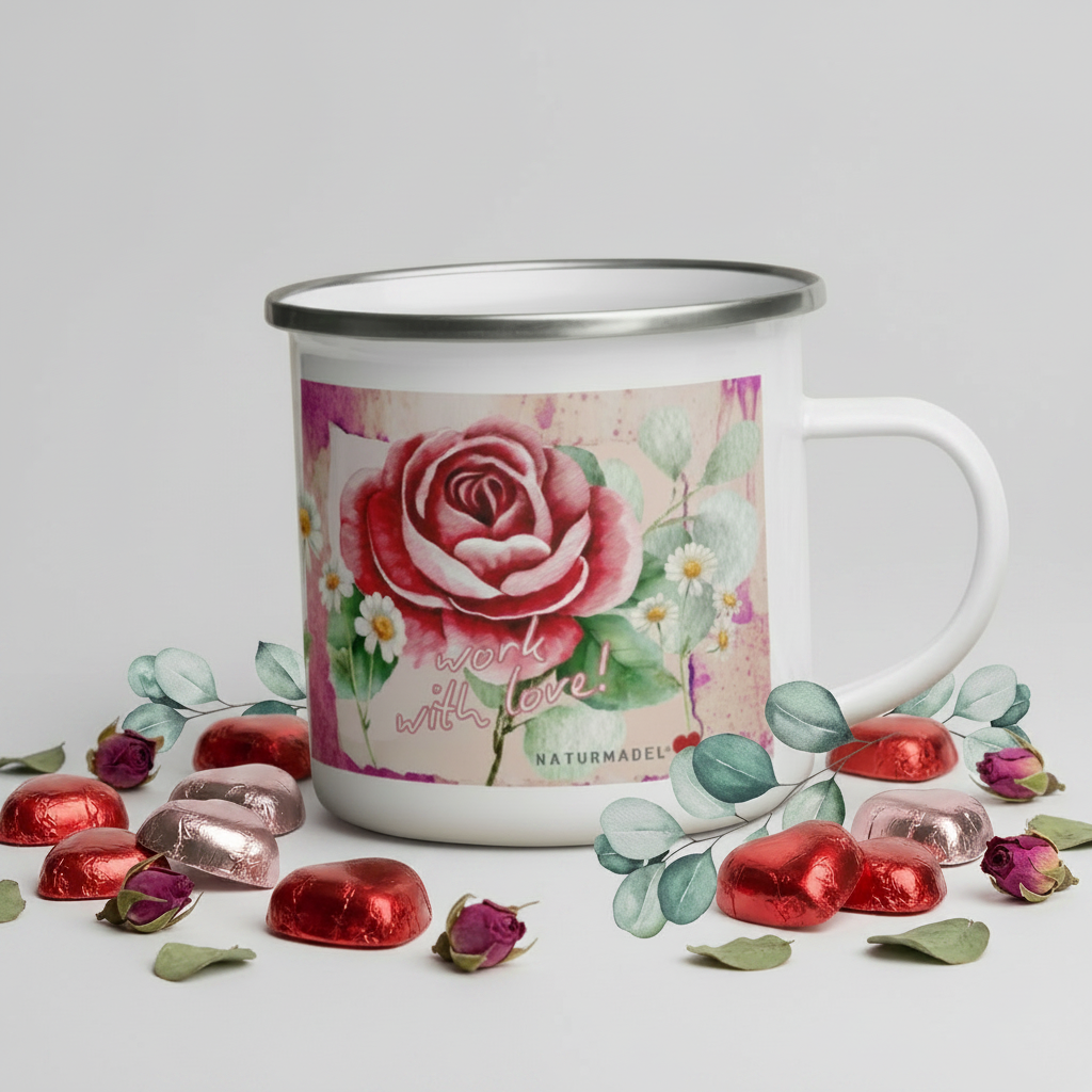 NATURMÄDEL® LIMITED EDITION WORK WITH LOVE EMAILLE BECHER, TASSE. SO MACHT ARBEITEN WIEDER RICHTIG SPASS. WERTVOLLE GESCHENKE FÜR WERTVOLLE MENSCHEN.