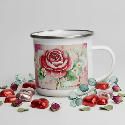 NATURMÄDEL® LIMITED EDITION WORK WITH LOVE EMAILLE BECHER, TASSE. SO MACHT ARBEITEN WIEDER RICHTIG SPASS. WERTVOLLE GESCHENKE FÜR WERTVOLLE MENSCHEN.