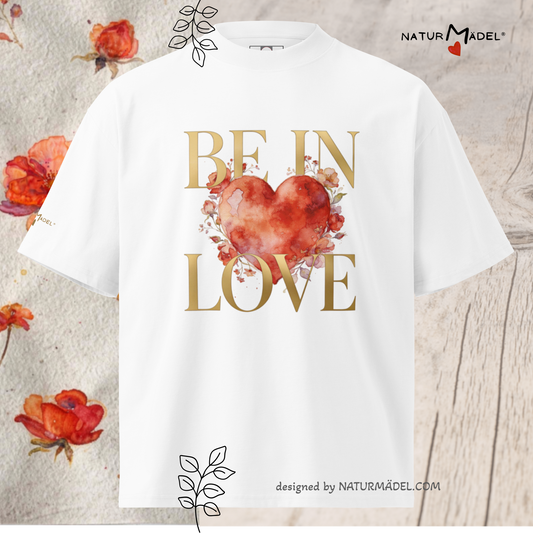 NATURMAEDEL® EDLE LIMITED GESCHENKIDEEN FÜR BESONDERE ANLAESSE - NEW STYLE - SUPER BEQUEMES OVERSIZED UNISEX BIO-BAUMWOLL T-SHIRT MIT EDLEM NATURMAEDEL® CREATIV DRUCKDESIGN - AQUARELL HERZ UND ROSEN - BE IN LOVE - DESIGNED VERENA U. JANINA BY VerJa.ME - 1.0 - www.naturmaedel.shop - 
