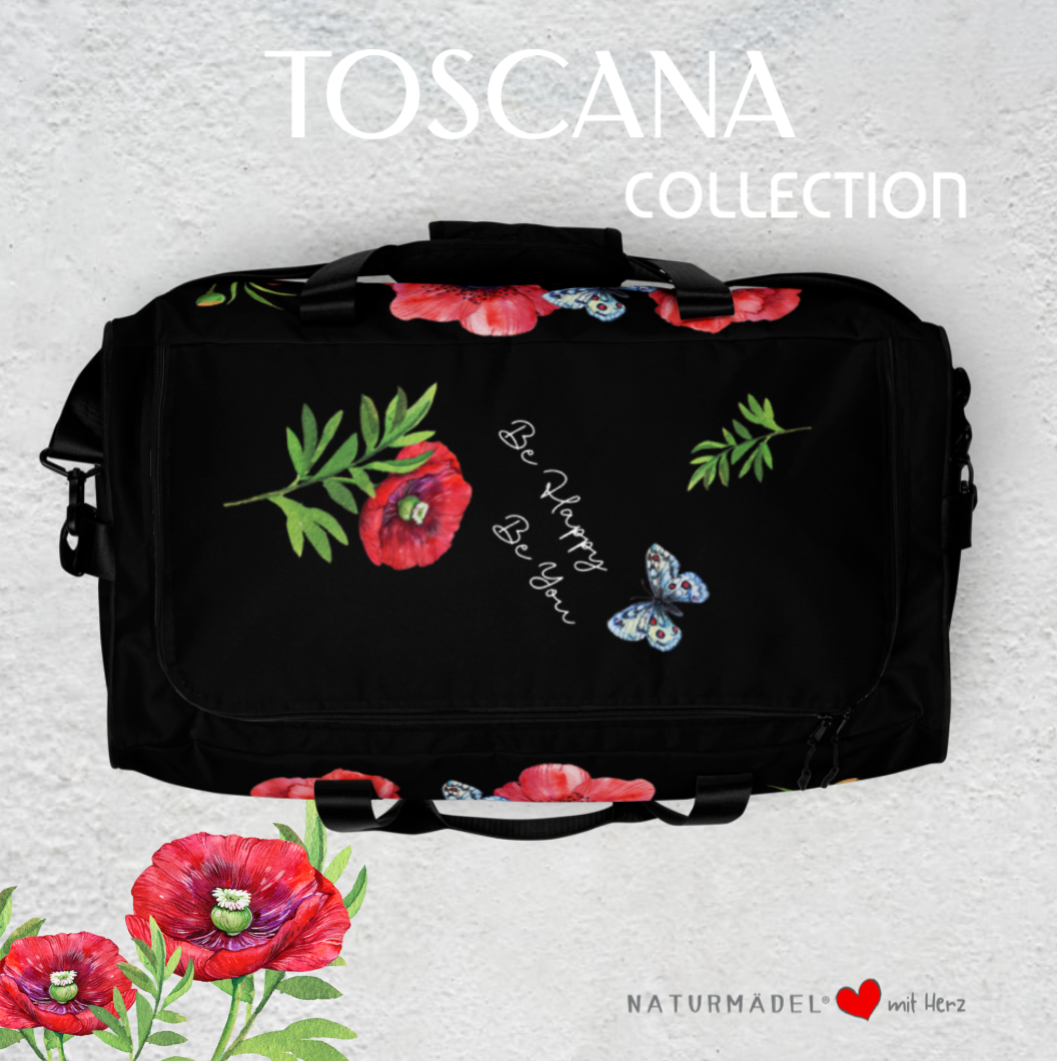 WEEKENDER - EXCLUSIVE SPORT-, BADE- U. REISETASCHE MIT EINZIGARTIGEM NATURMÄDEL® DESIGN TOSCANA AQUARELL MOHNBLUMEN UND BE HAPPY, BE YOU SCHRIFTZUG - SCHWARZ -  www.naturmaedel.shop -