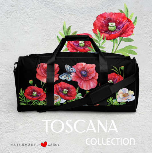 WEEKENDER - EXCLUSIVE SPORT-, BADE- U. REISETASCHE MIT EINZIGARTIGEM NATURMÄDEL® DESIGN TOSCANA AQUARELL MOHNBLUMEN UND BE HAPPY, BE YOU SCHRIFTZUG - SCHWARZ -  www.naturmaedel.shop - 