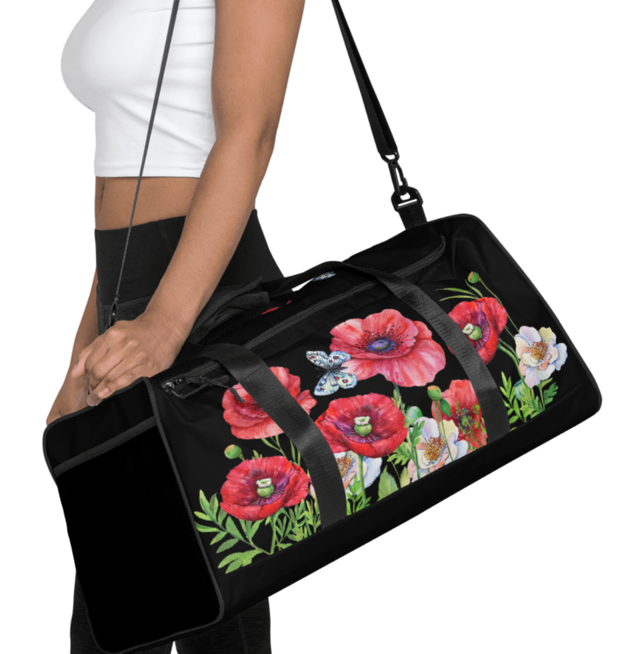 WEEKENDER - EXCLUSIVE SPORT-, BADE- U. REISETASCHE MIT EINZIGARTIGEM NATURMÄDEL® DESIGN TOSCANA AQUARELL MOHNBLUMEN UND BE HAPPY, BE YOU SCHRIFTZUG - SCHWARZ -  www.naturmaedel.shop -