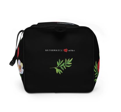WEEKENDER - EXCLUSIVE SPORT-, BADE- U. REISETASCHE MIT EINZIGARTIGEM NATURMÄDEL® DESIGN TOSCANA AQUARELL MOHNBLUMEN UND BE HAPPY, BE YOU SCHRIFTZUG - SCHWARZ -  www.naturmaedel.shop - 